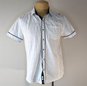 M Men's G by Guess white short sleeve button down shirt with black trim
